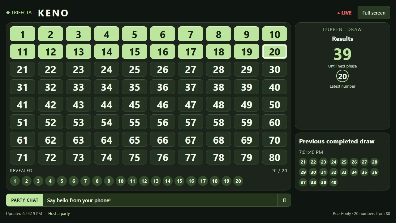 Recorded Keno display test with a synthetic sequential number reveal and previous draw