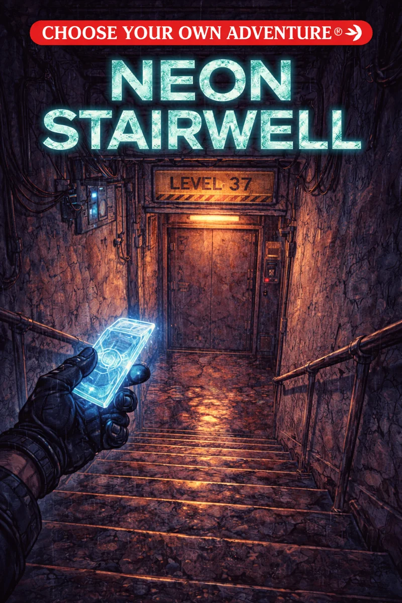 Neon Stairwell illustrated cover with a glowing stairwell and handheld device