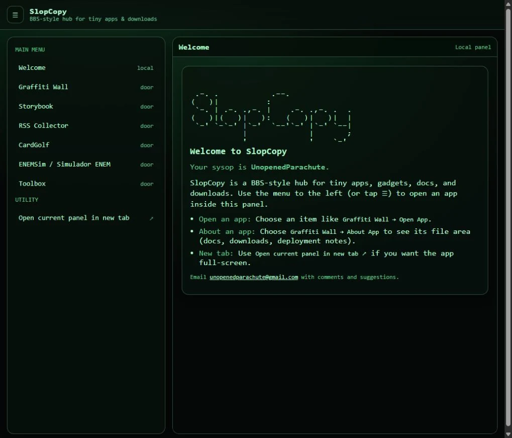 Original SlopCopy homepage with green text, an ASCII wordmark and project menu